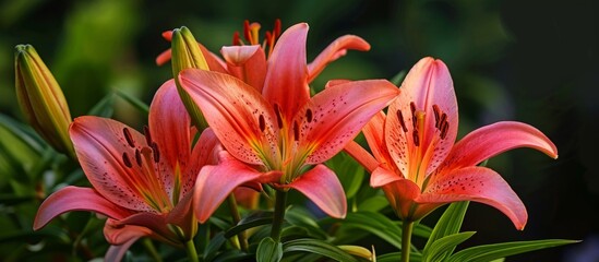 Naklejka premium Close-up of pink flowers with green leaves in a natural landscape.