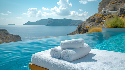 beach bed chair with towels looking out over the caldera by the swimming pool, Santorini Oia Greece - obrazy, fototapety, plakaty
