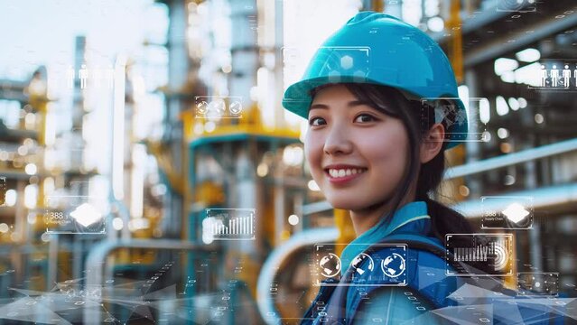 職場で輝く若者社員。新入社員や中途採用ページのイメージ画像。AIやデジタル技術を使って現場改善。