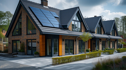 Obraz premium Dutch Suburban area with modern family houses, newly built modern family homes in the Netherlands, dutch family houses, and apartment houses. Netherlands