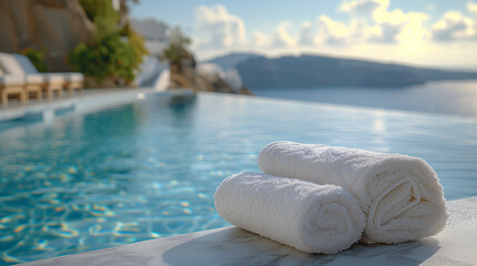 close up of a empty sunbed with towels by a pool with an ocean view in Santorini Greece, European...