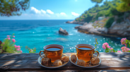 Turkish coffee with ocean view, Turkish breakfast with an ocean view, Turkish breakfast with a view over the ocean of Fethiye Turkey Mediterranean sea - obrazy, fototapety, plakaty