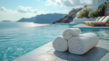 Fototapeta na wymiar empty sunbed with white wrapped towels by a pool with an ocean view in Santorini Greece, European summer, infinity pool with chairs