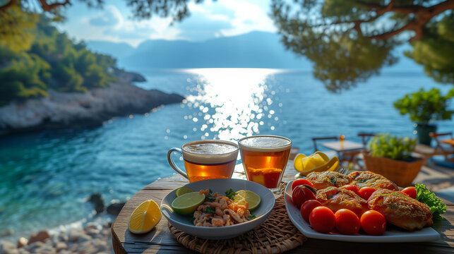 Turkish breakfast with an ocean view, Turkish breakfast with a view over the ocean of Fethiye Turkey Mediterranean sea