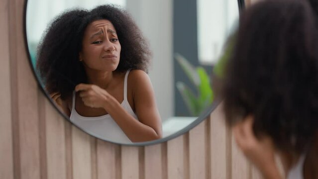 Frustrated African American woman suffer problem trouble curls looking at mirror at bathroom beauty routine prepare biracial girl female dry hair trying to brush combing curly tangled hairdo with comb