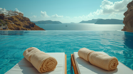 empty sunbed with wrapped towels by a pool with an ocean view looking out over the caldera by the swimming pool, Santorini Oia Greece - obrazy, fototapety, plakaty