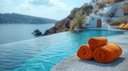 beach bed chair with towel looking out over the caldera by the swimming pool, Santorini Oia Greece