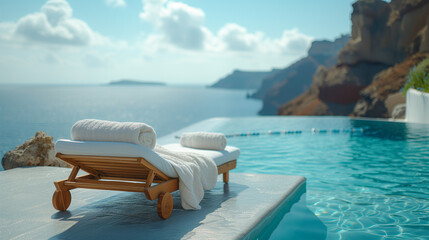 beach bed chair with towel looking out over the caldera by the swimming pool, Santorini Oia Greece - obrazy, fototapety, plakaty