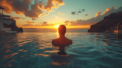man relaxing in the infinity swimming pool looking at the ocean, a young man in the swimming pool relaxing looking out over the ocean caldera of Oia Santorini Greece at sunset - obrazy, fototapety, plakaty