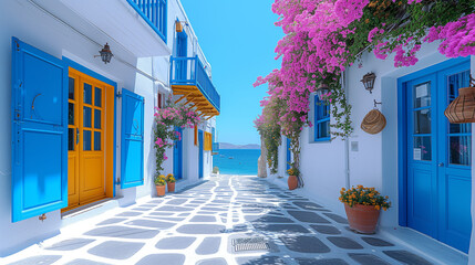 colorful Greek village with flowers in summer in Greece, street in the old town of iGreek sland