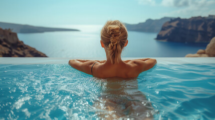 Young woman on vacation at Santorini, women at the swimming pool looking out over the Caldera ocean of Santorini, Girl at the infinity pool Oia Santorini Greece, , person relaxing in the pool - obrazy, fototapety, plakaty