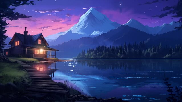 Animated illustration of a calm lake with mountain views at night. Animated scenery background illustration.