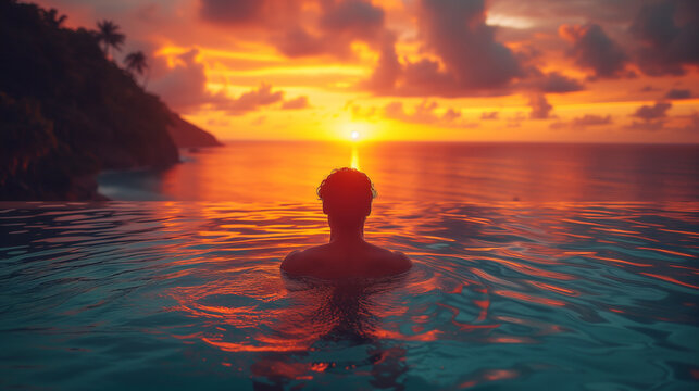 Luxury Swimming Pool In A Tropical Resort, Relaxing Holidays In Seychelles Islands. La Digue, Young Man During Sunset By Swim Pool, Men Watching The Sunset 