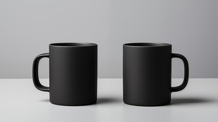 Two identical black mugs on a grey surface with minimalist design