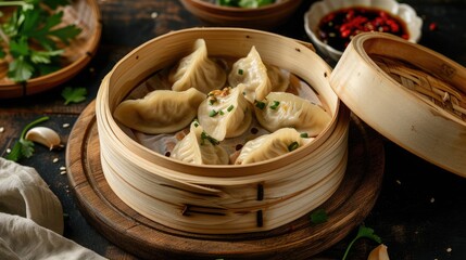 Boiled and hot chinese dumplings in wooden steamer