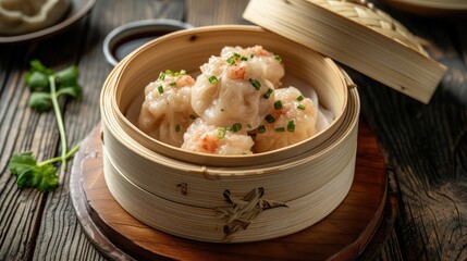 Steamed Bun and Shrimp Shumai, a steamed dish in a bamboo steamer box to enjoy the sweet tenderness...