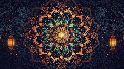 Artistic Brilliance: Circular Arabesque and Arabic Lanterns Crafting Design with Blank Space, Powered by Generative AI
