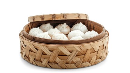 Steamed Dumplings Dim Sum in bamboo basket steamer chiness style at Thai restaurant, steamed stuff bun on white background