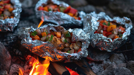 A rustic campsite is dotted with tin foil parcels each filled with a unique combination of hearty proteins tender vegetables and a blend of es. The campfire now mostly embers
