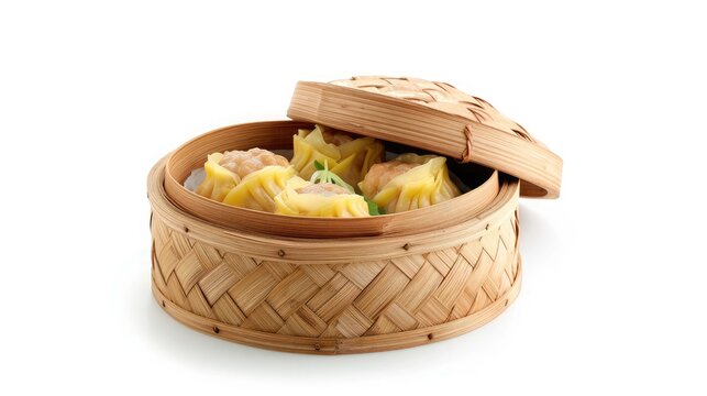 Steamed Dumplings Dim Sum in bamboo basket steamer chiness style at Thai restaurant, steamed stuff bun on white background