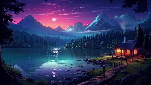 Animated illustration of a calm lake with mountain views at night. Animated scenery background illustration.