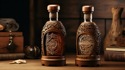 A unique and visually descriptive prompt that showcases a wooden bottle with intricate carvings and a rustic charm, rendered in a vintage style