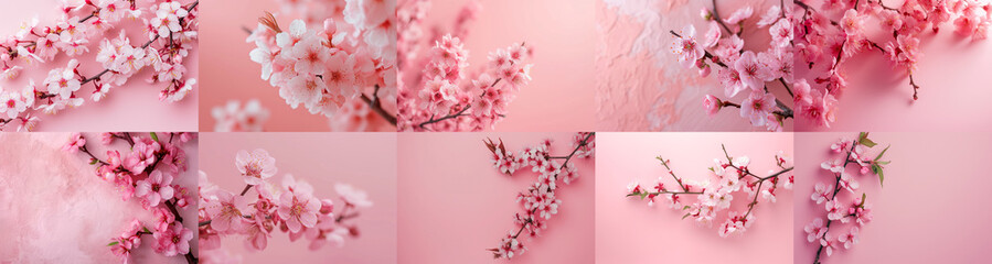 Cherry Blossoms Set on Pink Gradient Background, Springtime Floral Collection