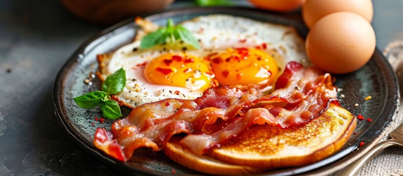 A delicious dish containing eggs, bacon, and toast, served on a table with other delectable food items.