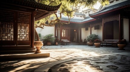traditional Chinese courtyard bathed in the soft morning light