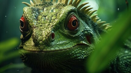 Fototapeta premium close-up portrait shoot in green jungle of an expressive lizard