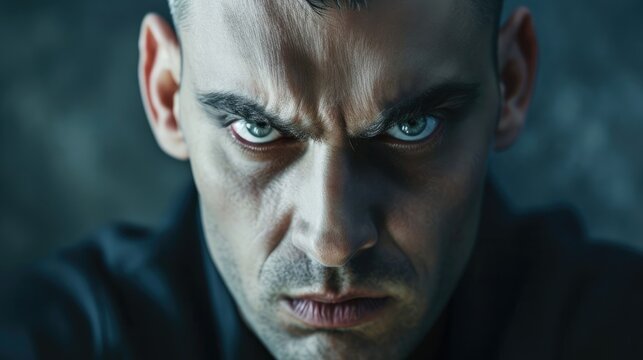 A man with a menacing glare and clenched jaw embodying a psychopathic personality disorder.