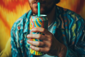 Man drinks from a colorful beverage can with a straw.