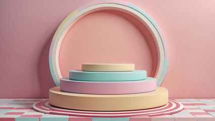 Empty Podium Mockup Product Background, Modern Pastel Soft Color Podium Design 3d, Circle elements