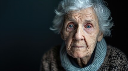 An elderly woman with a distant look struggling to remember her own name. - obrazy, fototapety, plakaty