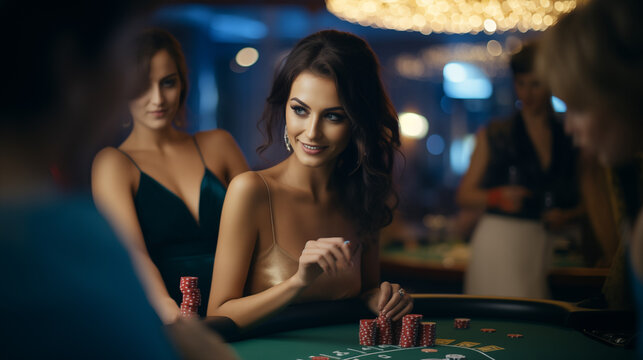 Smiling woman dealer at an empty poker table