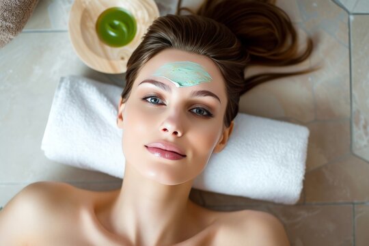 Skincare Model lifestyle medicine model. Beautiful Woman uses face cream, trade, skin care products, comedogenic lip balm, lotion, aloe vera & eye patch. Natural vitamin c serum jar hydration pot