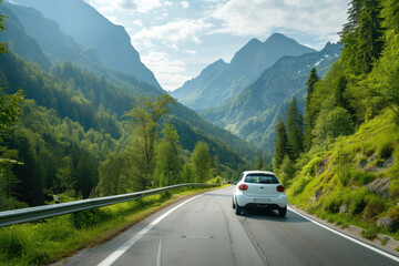 Electric Car Adventure: Eco-Friendly Travel on a Windy Road Through Vibrant Green Mountain Forests