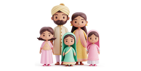 Indian family isolated on a white background. 3d rendering, 3d illustration.