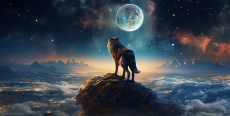 Wolf howling at the full moon.Wolf howling on the edge of the cliff. 3d rendering