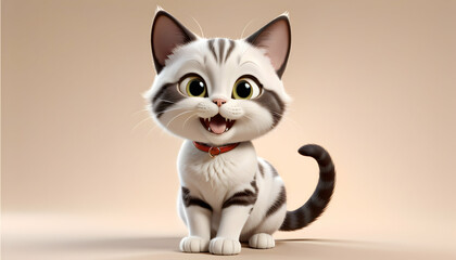 3D illustration of a mischievous cat with a curious expression, on a creamy background