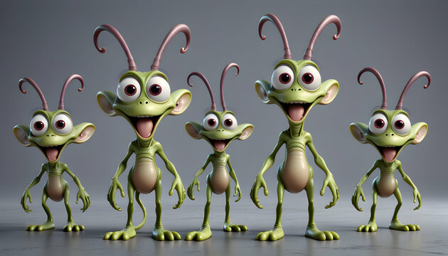 3D model of a goofy alien with multiple eyes and antennas, set against a grey surface