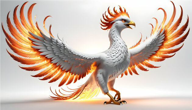 3D portrayal of a majestic phoenix, its fiery feathers shining on a white canvas