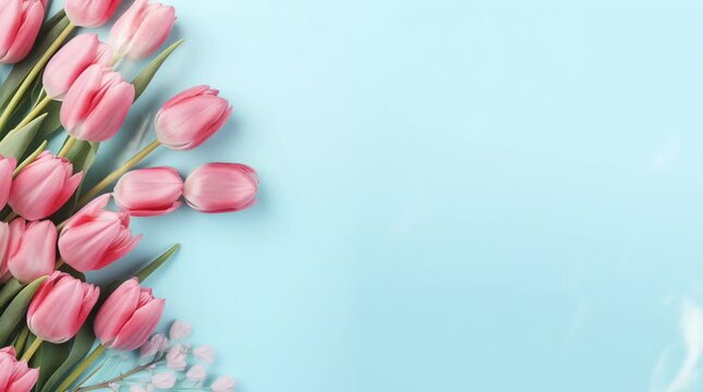 Beautiful bouquet of spring tulips with empty space text placement with light blue background loop animation illustration