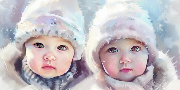 painting of babies are wearing winter, generative AI
