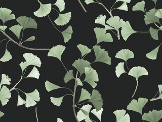 Seamless pattern, green ginkgo leaf branch on dark grey background - 732167156