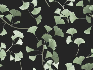 Tuinposter Seamless pattern, green ginkgo leaf branch on dark grey background © momosama