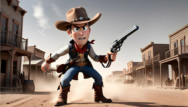 A 3D rendered cartoon character in wild west cowboy style,