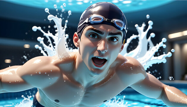 A 3D rendered cartoon swimmer, making a splash in the pool with enthusiasm on a white canvas