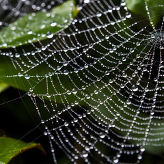 A close-up of a dew-covered spiderweb. 