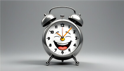 A smiling cartoon alarm clock, ringing with enthusiasm on a sleek grey background